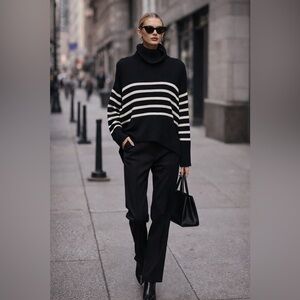 GAP Split Hem Turtleneck Breton Stripe Black White Sweater M Parisian Classic